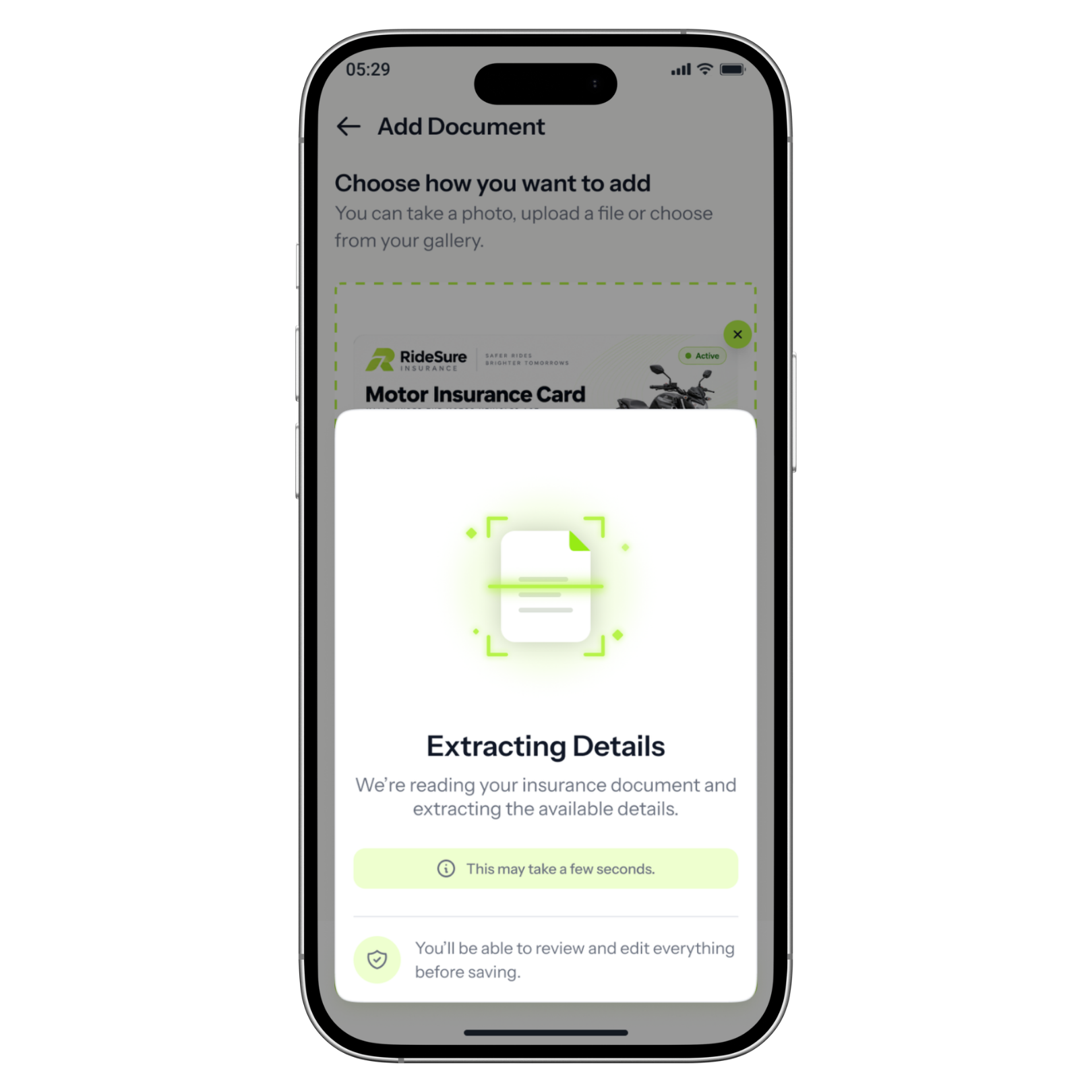 RideMate extracting details from an insurance document for user review
