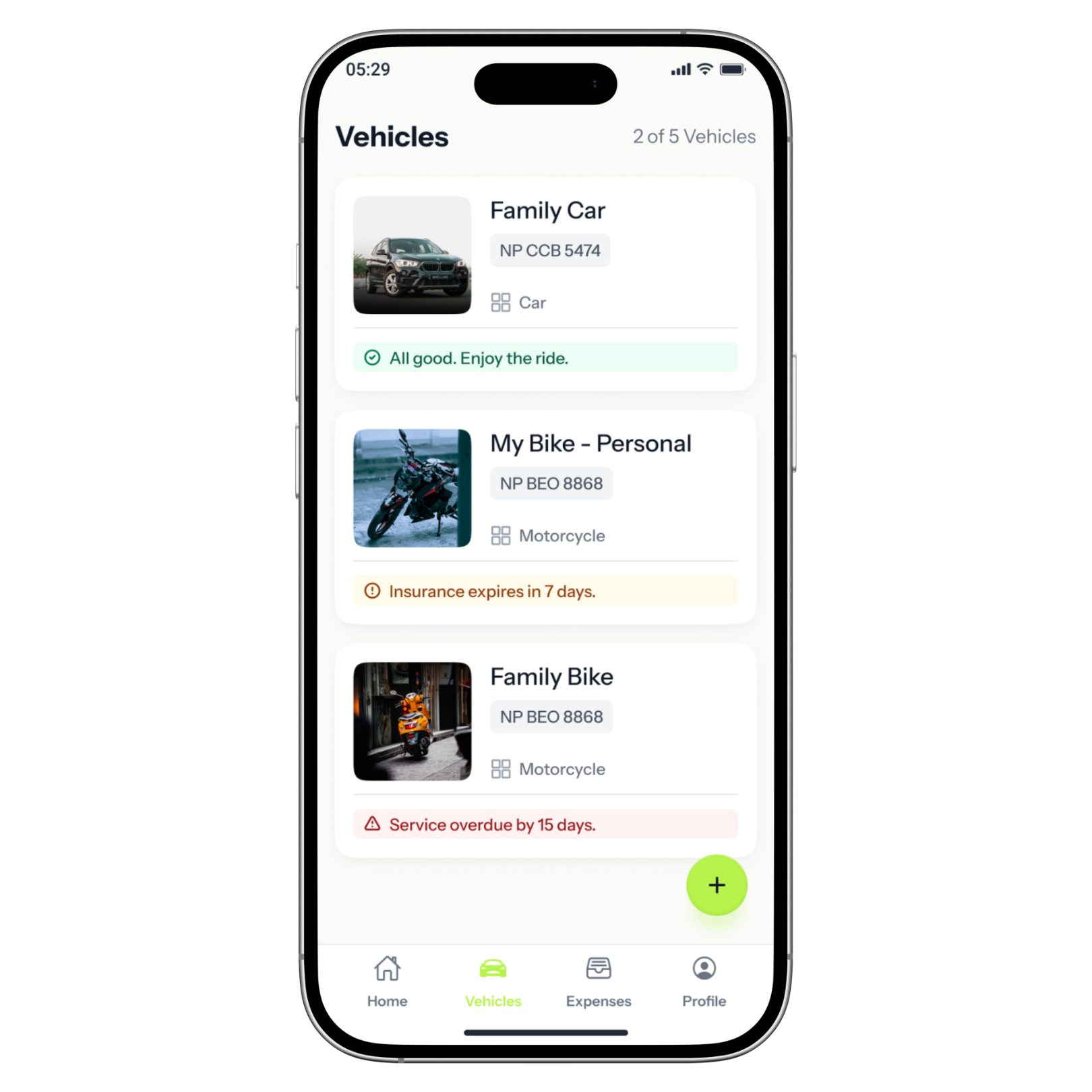 Family vehicle list with car and bikes, insurance and service alerts