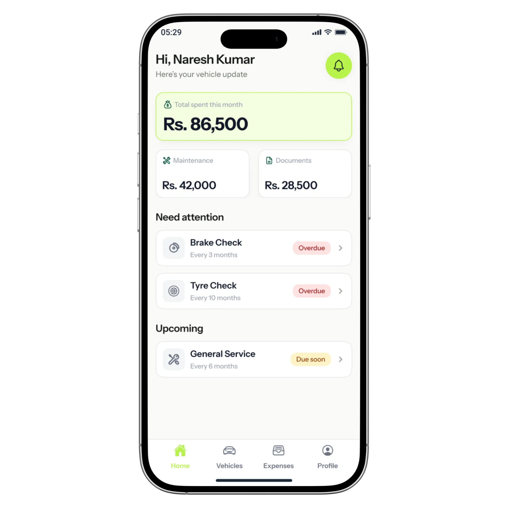 RideMate home showing monthly spending, overdue maintenance and upcoming service
